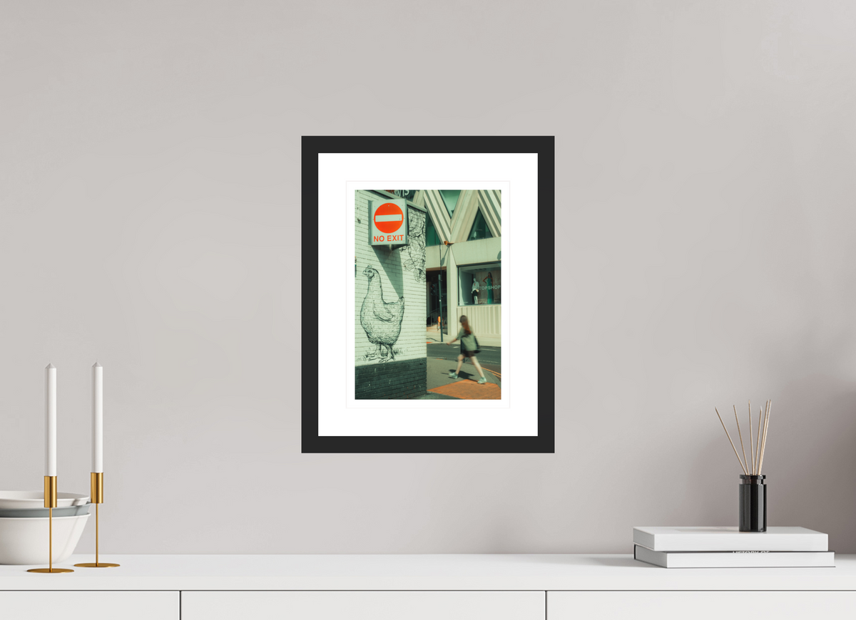 20 x 28.3 cm, Black matte | Bright white mount No exit chicken | Leeds