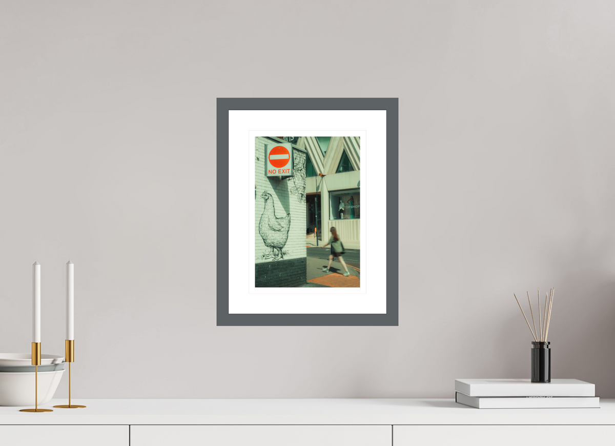 20 x 28.3 cm, Dark gray matte | Bright white mount No exit chicken | Leeds