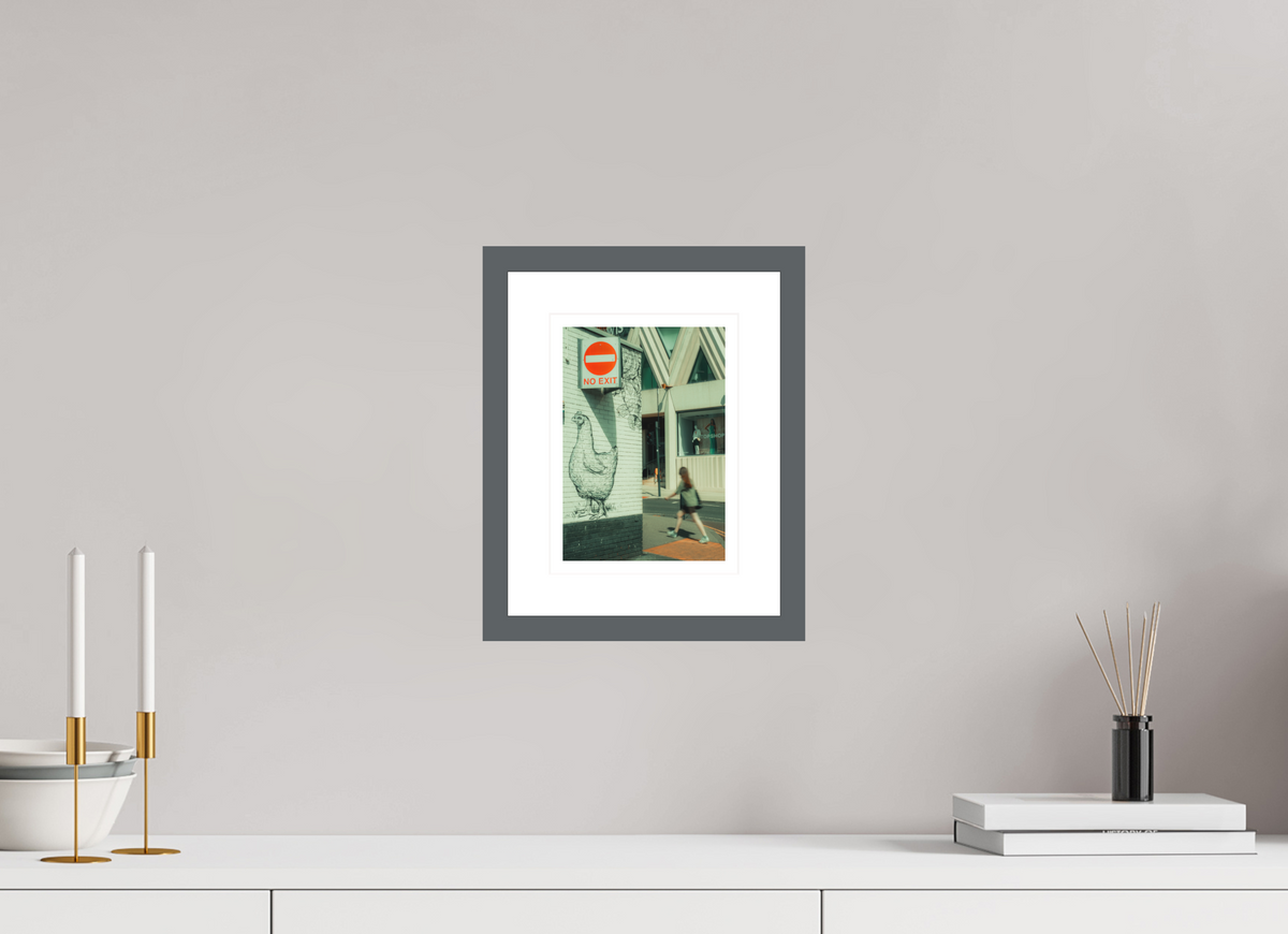 15 x 21.2 cm, Dark gray matte | Bright white mount No exit chicken | Leeds