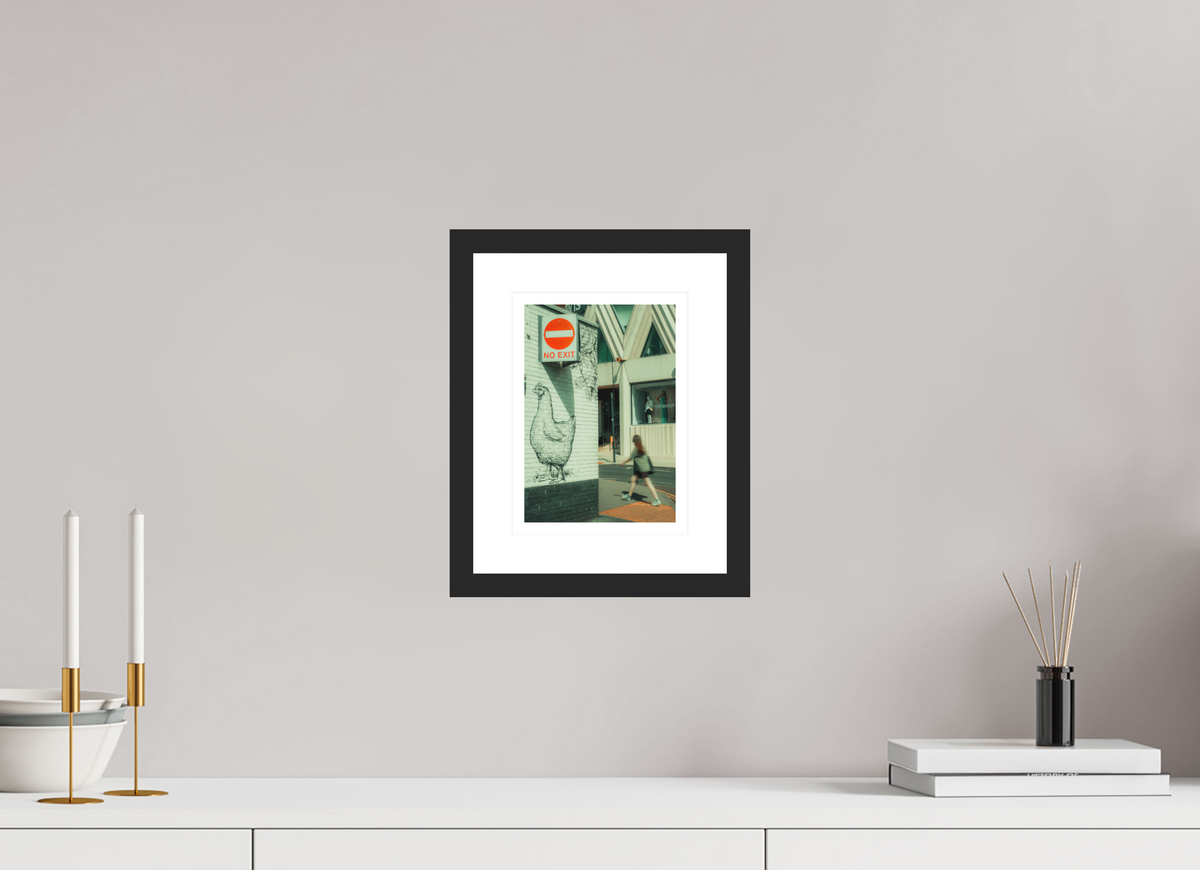 15 x 21.2 cm, Black matte | Bright white mount No exit chicken | Leeds