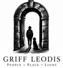 A black and white graphic print featuring an illustration of a stone archway with a silhouetted person and a dog inside, above the text 'GRIFF LEODIS' and 'PEOPLE • PLACE • LIGHT' on a plain white background.